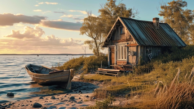 小さな古い木製の家と川岸のボート 都市の外で休憩 リラックス AI生成