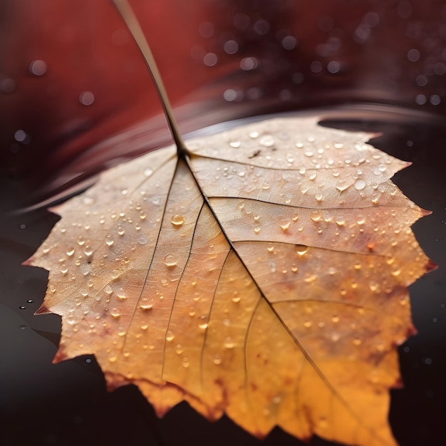 Маленький оранжевый осенний лист с каплями дождя на нем в воде крупным планом Начало осени или осенняя концепция Избирательный фокус Генерируется ai