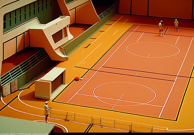 A small orange basketball court with a man on the floor and a man on the right