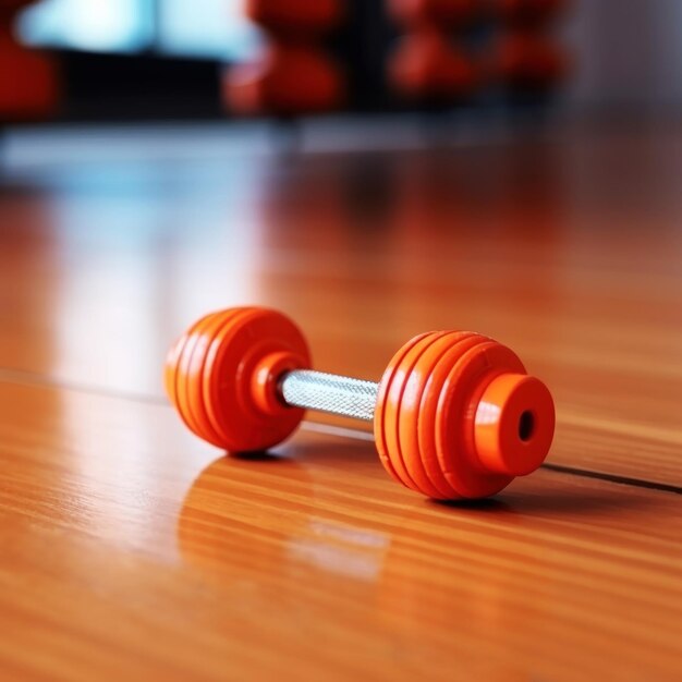 a small orange dumbbell lies on the floor in the gym Generative AI