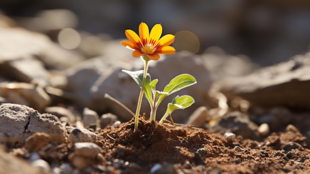 a small orange flower is growing out of the ground