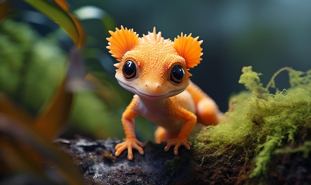 a small orange gecko with a black eye and a red eye