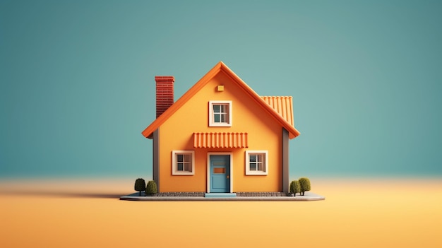 A small orange house with a blue roof and a blue door.