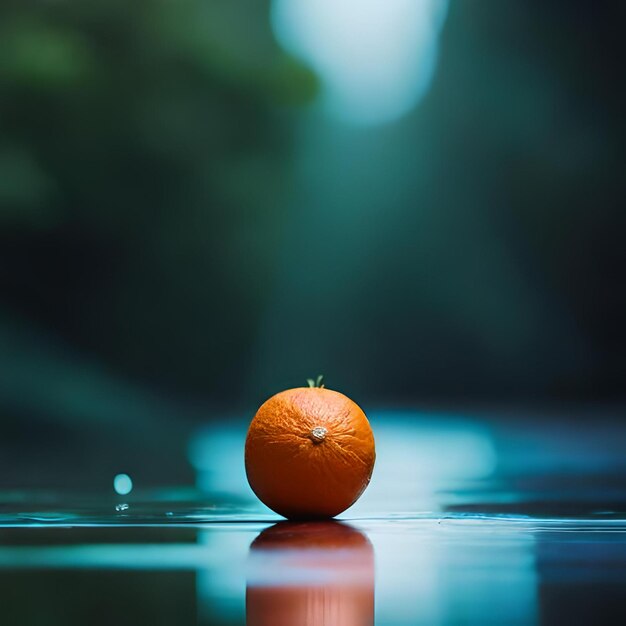 A small orange is sitting on a surface with the reflection of a tree in the background