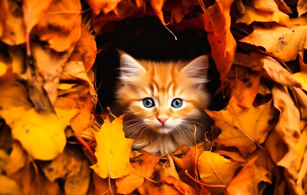 Small orange kitten sitting inside his nest in autumn leaves