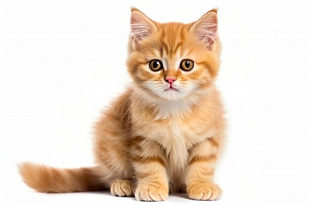 색 벽 에 색 바닥 위에 앉아 있는 작은 오렌지색 새끼 고양이