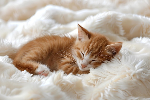 A small orange kitten sleeping on a white blanket on a bed of fluffy white blankets and pillows