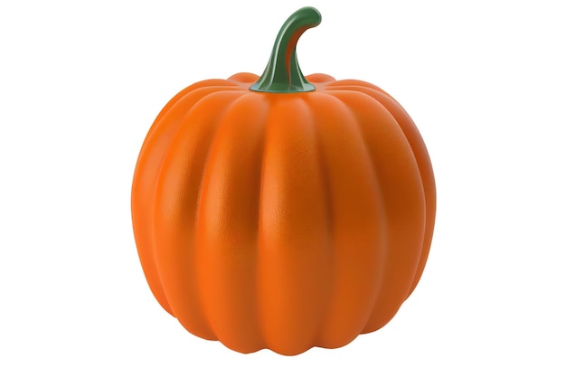 A small orange pumpkin with green stem sits on a white background.