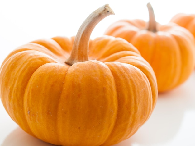 Small orange pumpkins on white background.