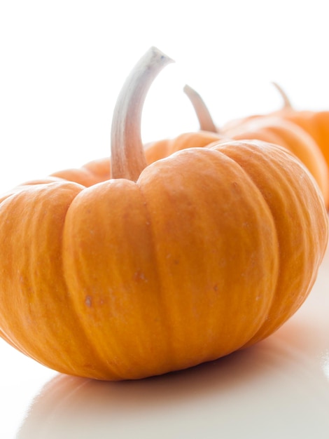 Small orange pumpkins on white background.