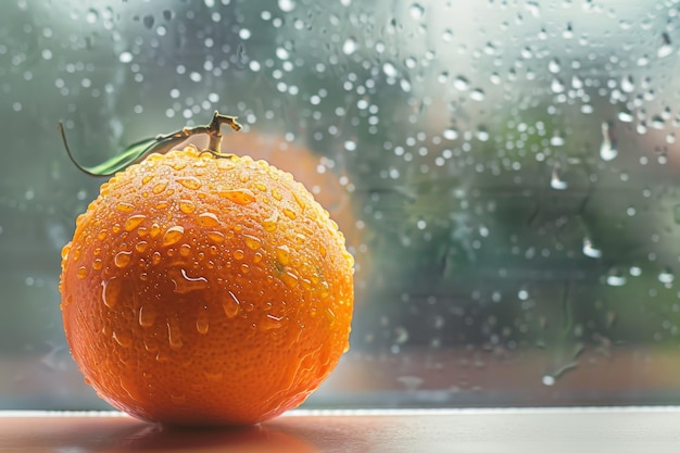 A small orange sits on a table with raindrops on it