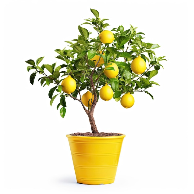 A small orange tree in a yellow pot with the word orange on it