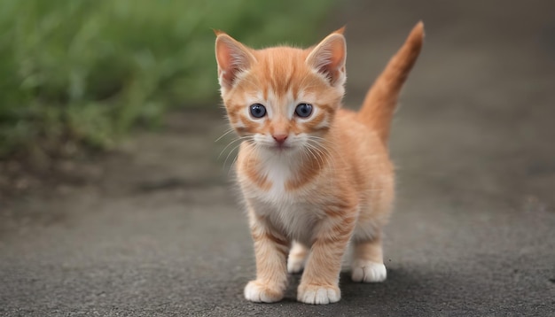 a small orange and white kitten is standing on a concrete surface