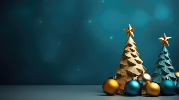 Small original christmas tree made of christmas tree balls in blue shades on a one tone background place for text