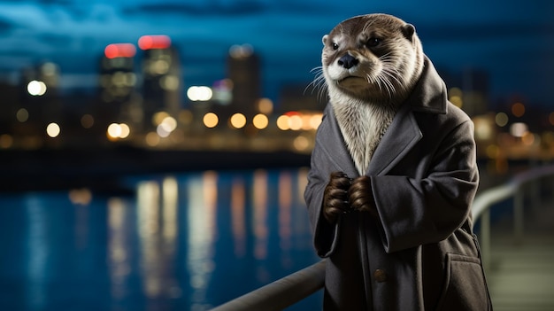 A small otter wearing a coat stands on a pier