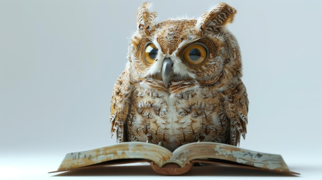 a small owl is sitting on top of an open book the owl39s eyes are wide open and it is staring at the