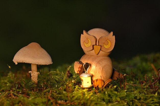 A small owl sits in the grass next to a mushroom.