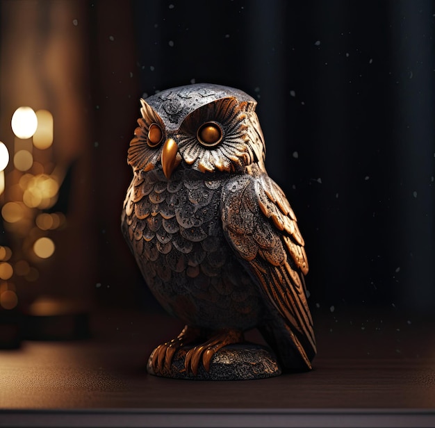 A small owl statue with yellow eyes sits on a table.