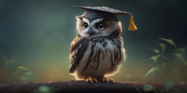 A small owl wearing a graduation cap sits on a branch.