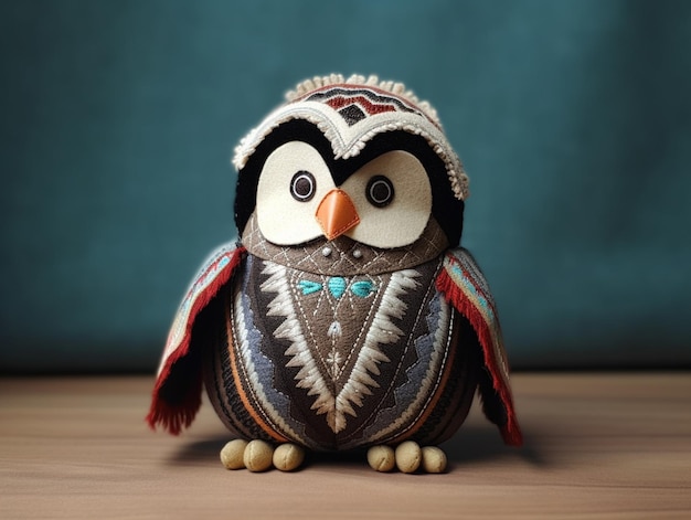 A small owl with a hat and a blue beaded necklace sits on a wooden table