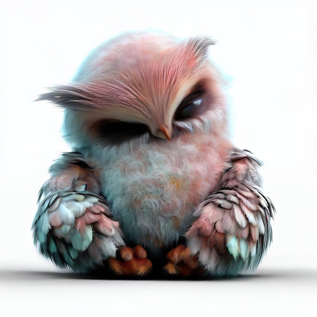 A small owl with a sad face is sitting on a white background.