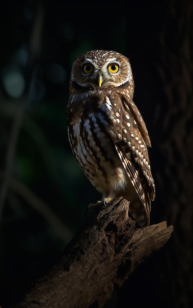 A small owl with yellow eyes sits on a branch.