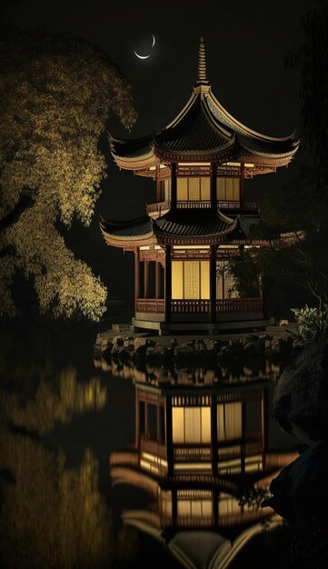 A small pagoda is lit up at night with the lights on.