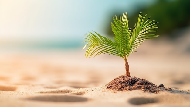 A small palm tree sitting in the sand beach