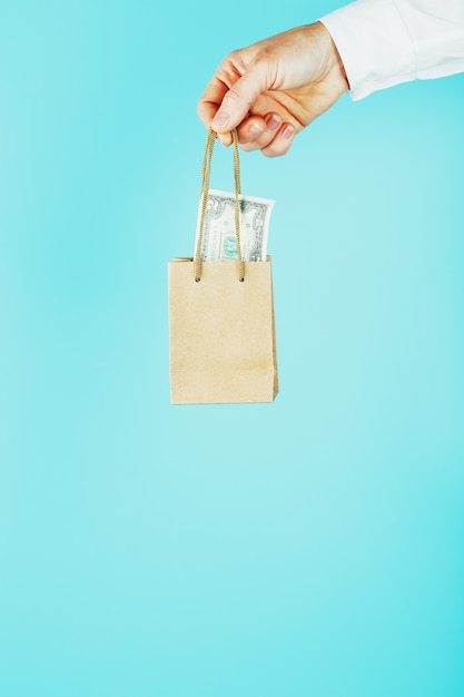 small paper bag in hand with US dollars on a blue background. Layout of the packaging template with space for copying, advertising.