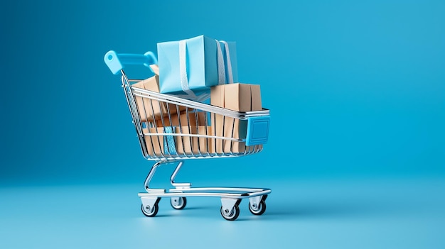 Small paper shopping bags with shopping cart on blue background