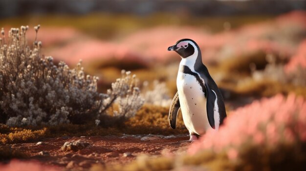 A small penguin standing on a rocky area