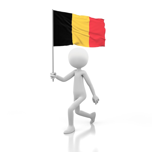 Small Person Walking with Belgium Flag in a Hand. 3D Rendering Image