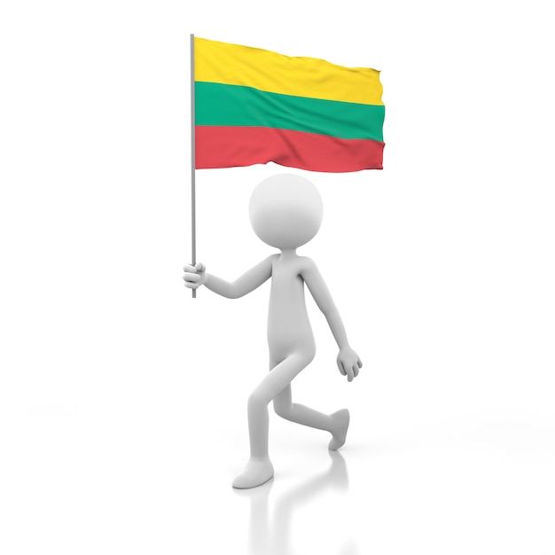 Small Person Walking with Lithuania Flag in a Hand. 3D Rendering Image