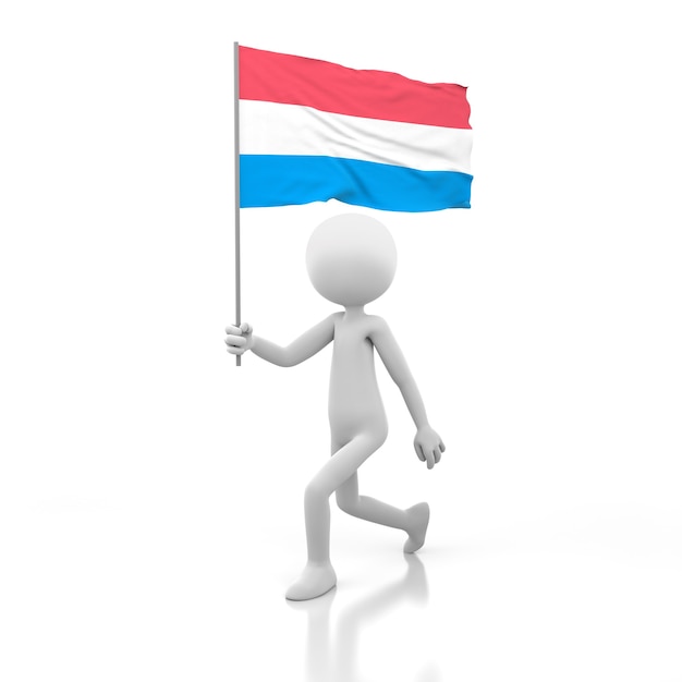Маленький человек идет с флагом Люксембурга в руке. 3D-рендеринг изображения