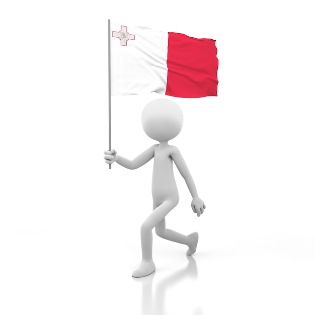 Small Person Walking with Malta Flag in a Hand. 3D Rendering Image