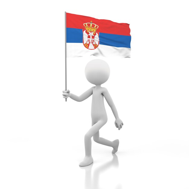 Small Person Walking with Serbia Flag in a Hand. 3D Rendering Image