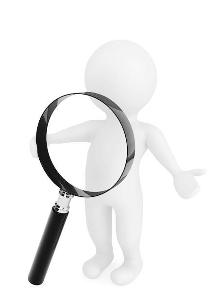 Photo small person with a magnifying glass on a white background