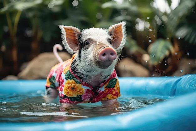 Photo small pet pig dressed in hawaiian shirt enjoys playful moment in inflatable pool generative ai