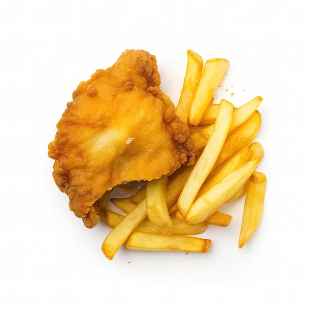 A small piece of chicken nugget with fries on a white background.