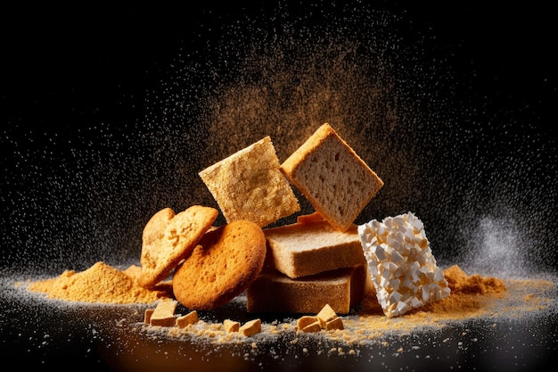 Small pieces of bread for making homemade breadcrumbs on dark background