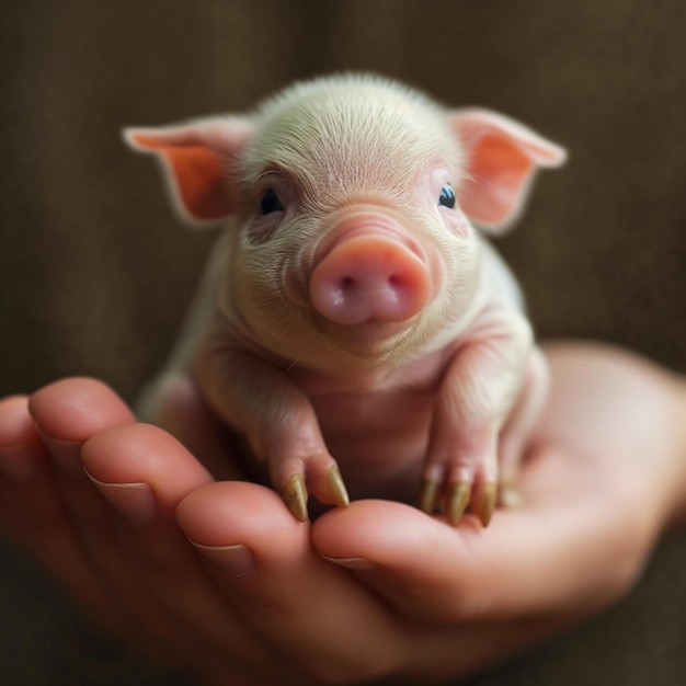 A small pig is held in a person's hand.