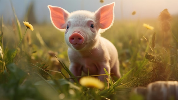 A small pig sitting in a field of grass