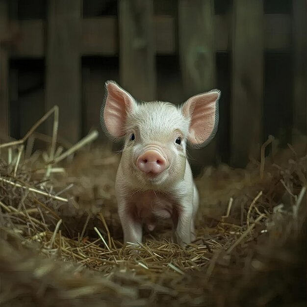 Photo a small pig sitting in a pile of hay