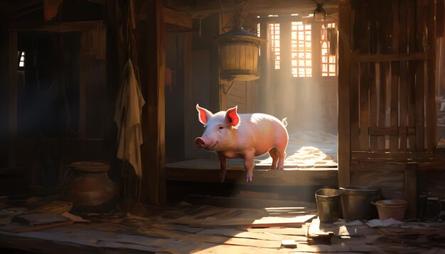 a small pig in the style of cute lies inside a barn generative ai