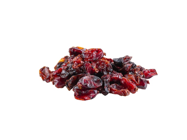 Small pile of dried cranberries isolated on white background with copy space for text or images Food cooking packaging concept Frame composition closeup side view