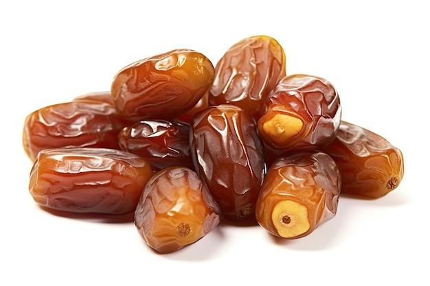 Small pile of dried dates on white background