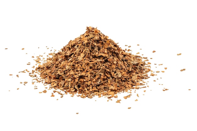 Small pile of lowest quality tobacco shag also known as makhorka isolated on white background