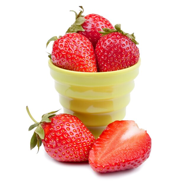 Small pink bucket with fresh strawberry isolated 