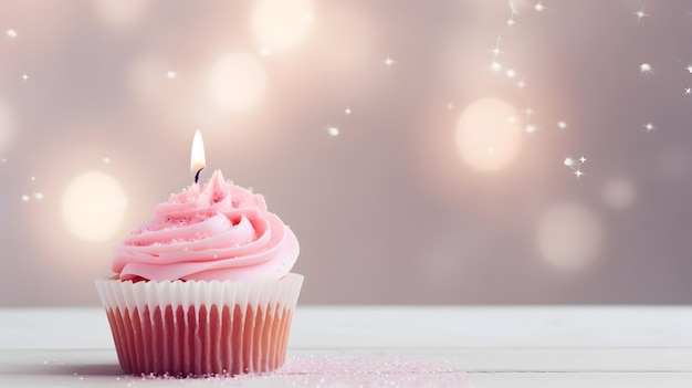 Small pink colored birthday cake with a candle