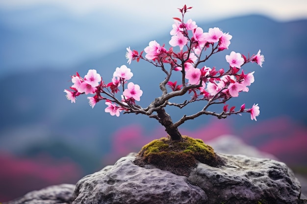 a small pink flowered tree growing on a rock